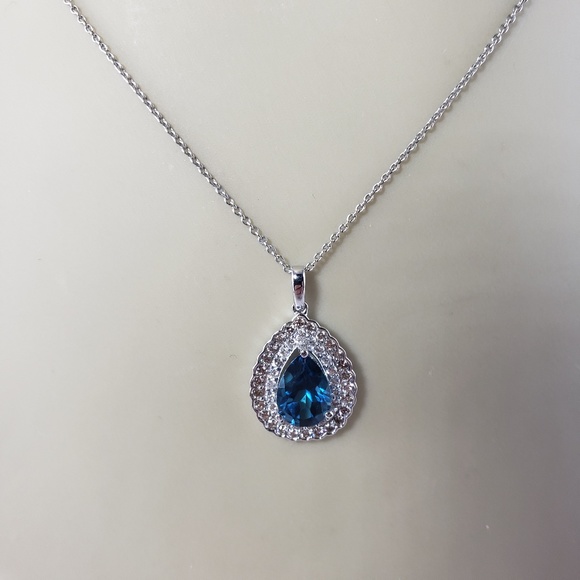 Vintage 18 K White Gold Blue Topaz & White & Champagne Diamond Pendant #13735 - Picture 7 of 8
